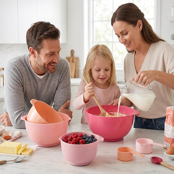 BoxedHome Mixing Bowls Set of 4, BPA Free Plastic,Microwave Safe, Rose Red | 4.5/3.5/2.5/1.7 quarts,Non-slip Base Large Nesting Bowl with Pour Spout, Dishwasher Safe, for Prep, Cooking,Baking