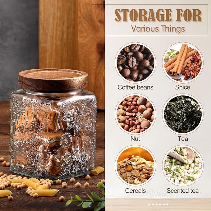 5 Pcs Sunflower Vintage Glass Jars with Bamboo Airtight Lid 17/24/34 oz Glass Food Containers Storage for Kitchen Counter Pantry Sugar Flour Coffee Tea Candy Oats Cereal(Square)