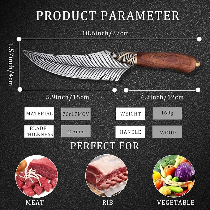 Dream Reach Feather Viking Boning Knife, 6 Inch Professional Viking Knife Meat Cleaver Full Tang with Sheath Gift Box for Outdoor Camping Thanksgiving Gifts for Men Women
