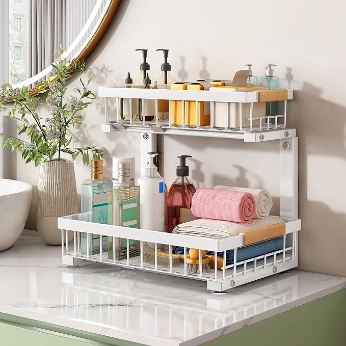 Kitstorack Under Sink Organizer, 2 Tier Under the Sink Storage, Slide out Pull out Cabinet Organizer Shelf, Metal Sliding Drawer for Kitchen Bathroom Pantry Closet Organization Rack, White, 1 Pack
