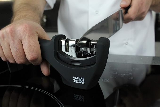 Taylors Eye Witness Professional Chef’s Kitchen Knife Sharpener - Three Stage Handheld Knife Sharpening Tool. Re-edging, Honing And Fine Honing For Many Blade Types. Non Slip Base.