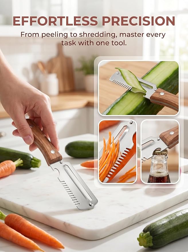 3-in-1 Multifunctional Vegetable Peeler Curved Stainless Steel Blade with Wooden Handle - Peeling, Julienne & Bottle Opener Veggie Peeler for Home Chefs, Camping, Kitchen Tool (3PCS)