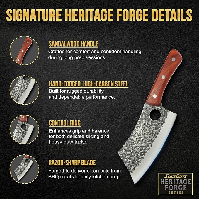 Meat Cleaver Forged Butcher Knife Meat Cutting Knife Kitchen Knives BBQ | Chopping, Slicing, Kitchen, Grilling, Outdoor Cooking, Food Prep, Hammered Pattern Forged Steel, Full Tang, Sandalwood Handle