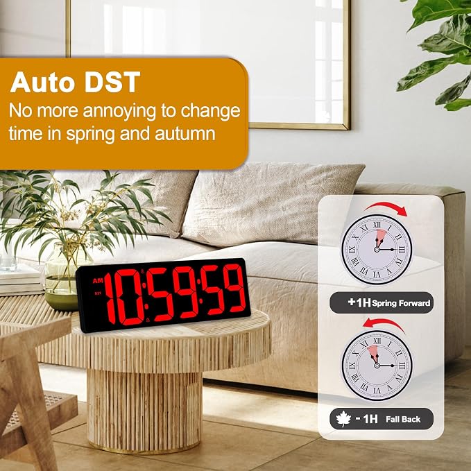 TXL 17.2" Large Digital Timer Clock, Countdown Timer for Classroom Home Gym Kitchen Office, LED Wall Clock with Remote Control, 4 Dimmable Brightness, 12/24H, Auto DST(Red)