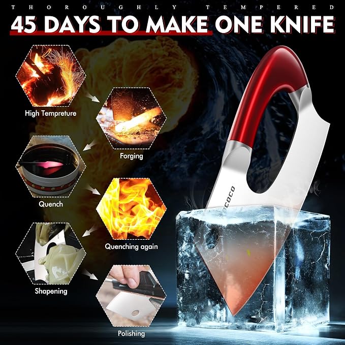 ROCOCO Easy Handle Meat Cleaver - Effort Saving Chef Knife Unique Professional for Kitchen Cutting Meat Vegetable Birthday Gift Red Stainless Steel