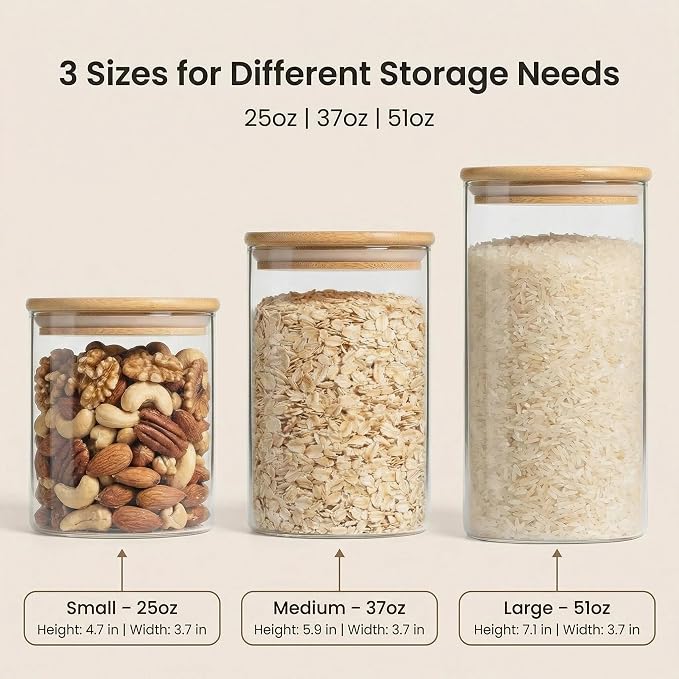 Airtight Glass Storage Containers with Lids 8 Pack, 25/37 /50oz Square Glass Jars with Bamboo Lids, Kitchen Canister Set for Pantry Organization Food Storage for Flour Sugar Rice Pasta Cereal