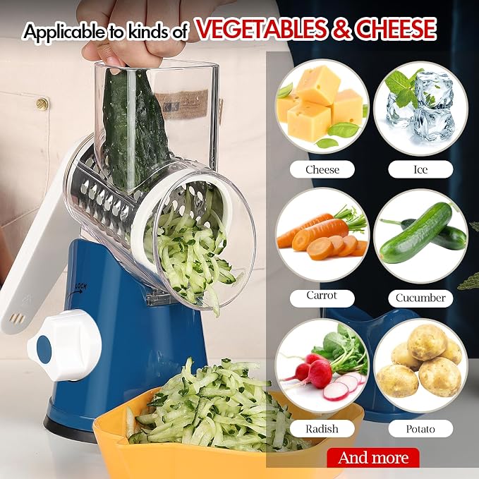 Ourokhome Rotary Cheese Grater Hand Crank, Kitchen Shredder Speed Mandolin Slicer Ice Shaver with Handle and Drum Blades for Cheese, Vegetable, Nuts, Chocolate, Potato, Carrot, 5 Blades, Dark Blue