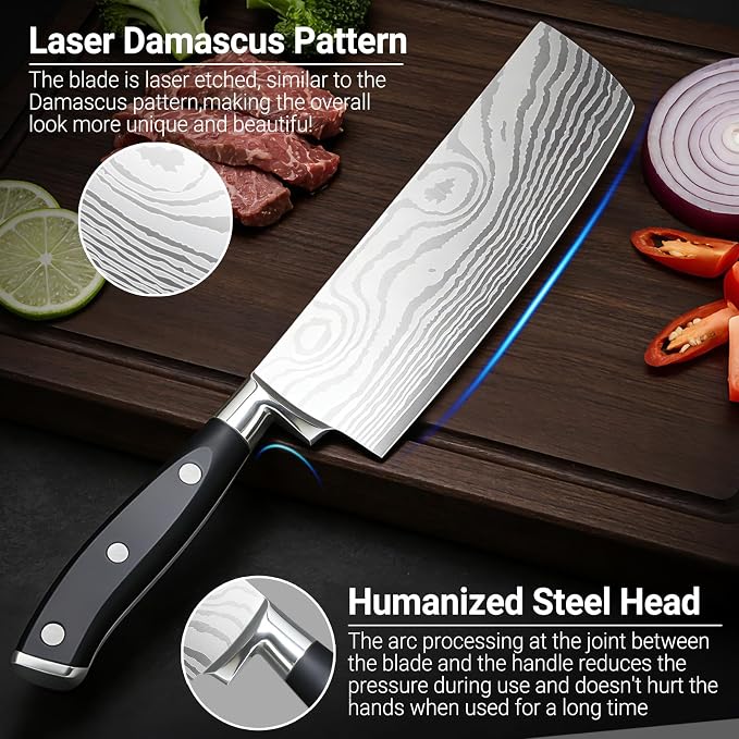 Nakiri Knife 7 Inch, Razor Sharp Meat and Vegetable Kitchen Knife, High Carbon Steel Japanese Chef Knife, Multipurpose Chopping Knife With Full Tang Handle for Home Kitchen Cooking