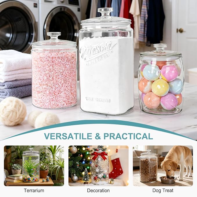 Ritayedet 1 Gallon Glass Cookie Jar with Airtight Lid, Wide Mouth Mason Jar | Wide Mouth, Kitchen Canister for Candy, Coffee, Dog Treat Storage, Terrarium, Apothecary, Laundry Room, BPA Free, Durable