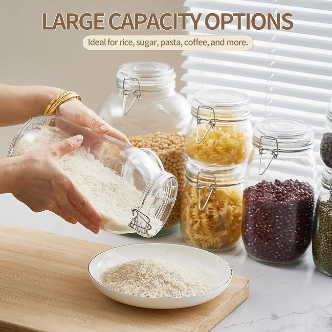 ODBCYWM 17oz Glass Food Storage Jars with Airtight Lids, Set of 6 – Clear Preserving Seal Wire Clip Fastening Canisters for Kitchen Canning, Flour, Cereal, Pasta, Sugar, Beans, Pickling Jars (17oz*6)