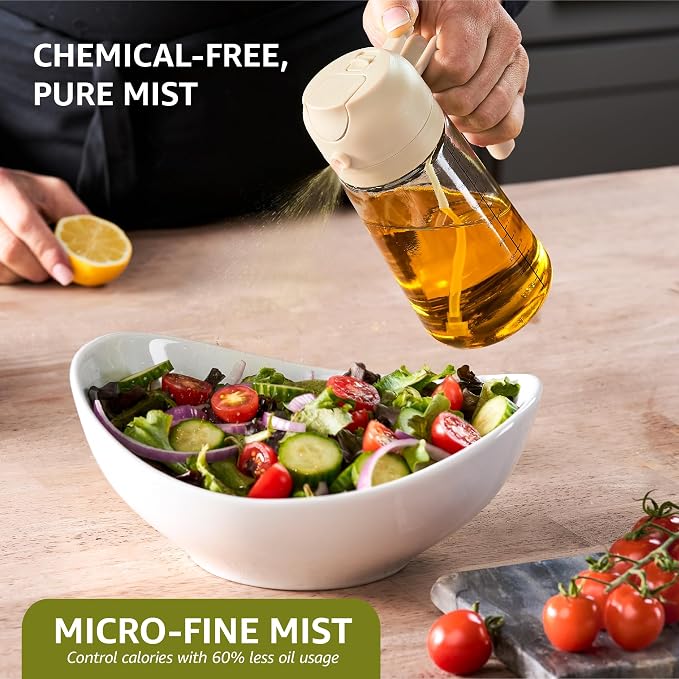 FineDine 16 oz Glass Olive Oil Sprayer for Cooking, Oil Dispenser, White | Glass 2-in-1 olive oil dispenser bottle, oil dispenser for kitchen, oil spray bottle, mist or stream, anti-drip spout, salads