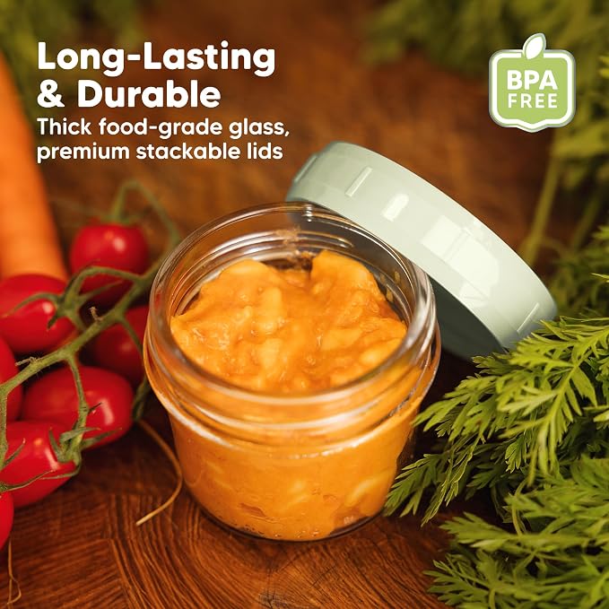KeaBabies 6pk 4oz Glass Baby Food Containers with Lids, Leak-Proof (Sage) | Microwavable Small Glass Jars, Baby Purees, Toddler Snack Storage Containers, BPA-Free, Dishwasher-safe, Freezer Safe