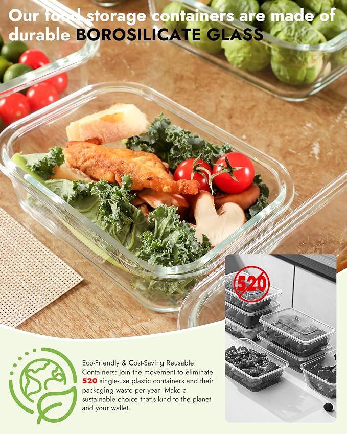 12-Pack Glass Containers with Tempered Lids – Borosilicate, Oven-Safe(-4°F~950°F), Airtight, BPA-Free, Multi-Size for Meal Prep, Dishwasher Safe, 1.6 cups to 6.4 cups (Pink)