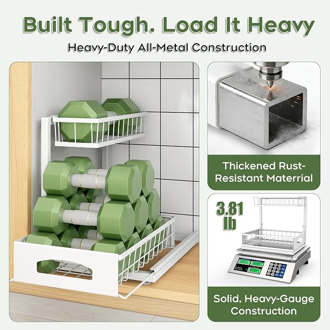 Under Sink Organizer, 1-Pack L-Shaped Metal Pull-Out Drawers for Kitchen | Cabinet Organizer Height Adjustable Heavy Duty Metal 2-Tier Storage Fits Beside Common Pipes for Bathroom Pantry