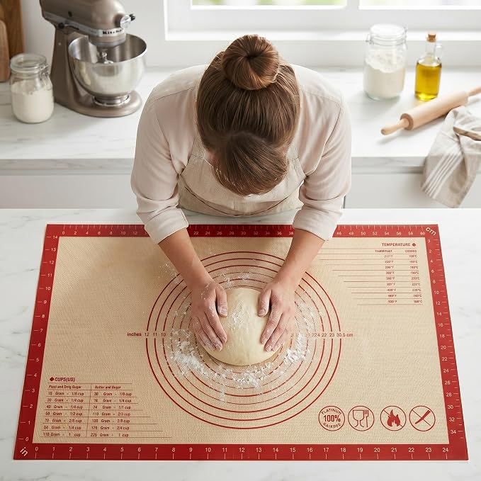 Silicone Pastry Mat with Measurements, 26 x 16 Inch Extra Thick Non-Slip Nonstick Large Baking Mat for Dough Rolling, Kneading, Fondant and Pie, Red