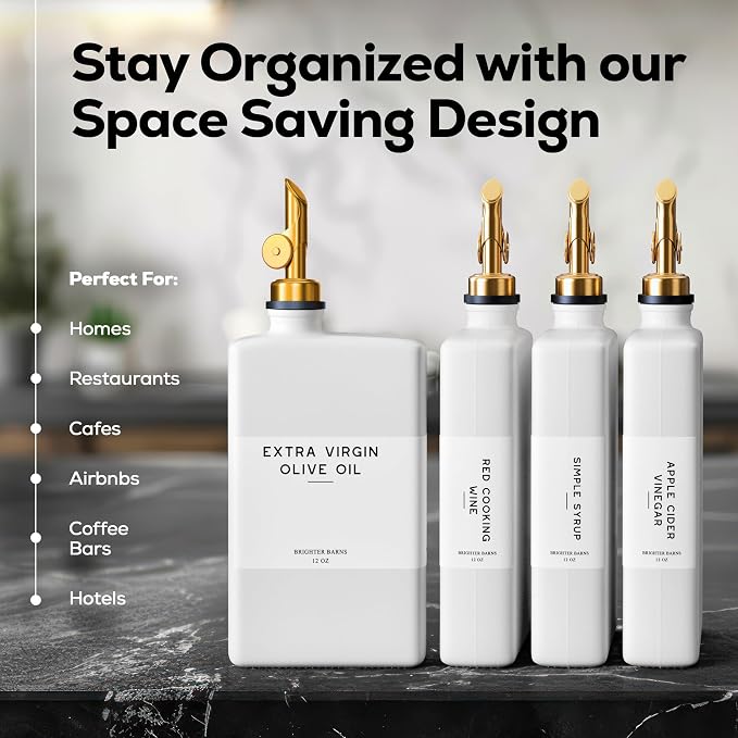 White Glass Olive Oil Dispenser Bottle for Kitchen by Brighter Barns - Avocado Oil Dispenser Set, Vanilla Syrup Bottle - Modern Decor, Gold Kitchen Accessories for Airbnb, Cafe (White/Gold, Set of 2)