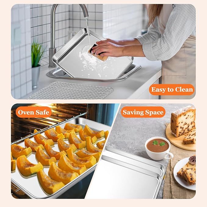 16"+12.5"+9" Baking Sheet with Wire Rack, Leonyo Stainless Steel Baking Sheet & Cooling Rack, Commercial Nonstick Cookie Tray Pan for Kitchen Cooking, Oven Roasting - 6 Pack