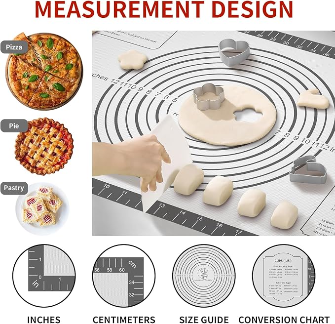 Silicone Baking Mat with Measurement, Non Stick Siliocne Pastrty Mat for Dough Rolling, Making Cookies, Macarons, Bread, Cake and Candy