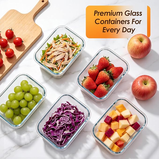 5 Pack 36oz Glass Storage Containers with Lids, Grey | Glass Meal Prep Food Container Sets, Snap Airtight Lid, For Microwave, Oven, Freezer and Dishwasher, BPA Free