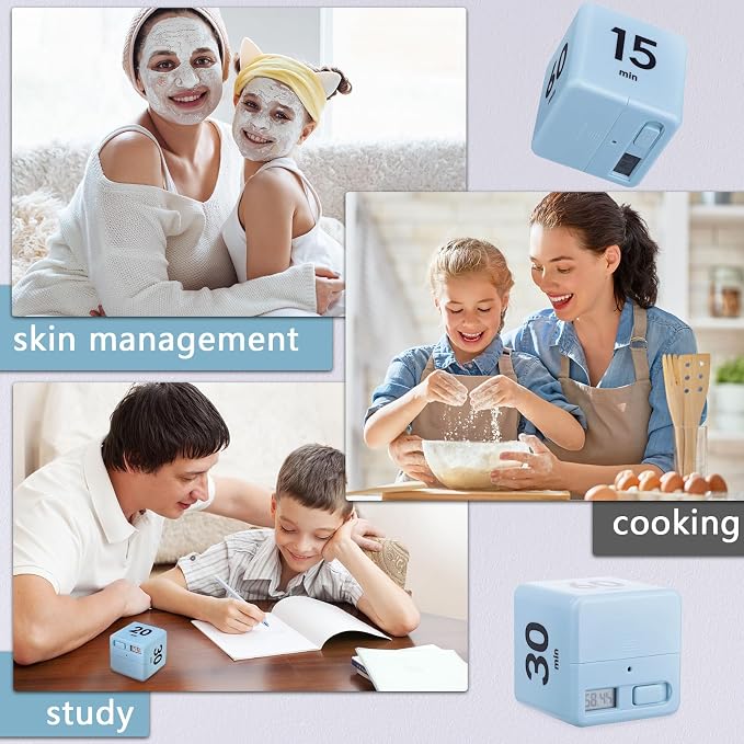 Weewooday 2 Pieces Cube Productivity Timer Flip Gravity Sensor Flip Countdown Countup Workout Timer Management 1 3 5 10 Minutes and 15 20 30 60 Minutes for Back to School Work Kitchen(White, Blue)