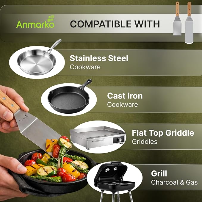 Anmarko Professional Griddle Spatula Set - Stainless Steel Metal Spatula and Griddle Scraper - Heavy Duty Commercial Grade