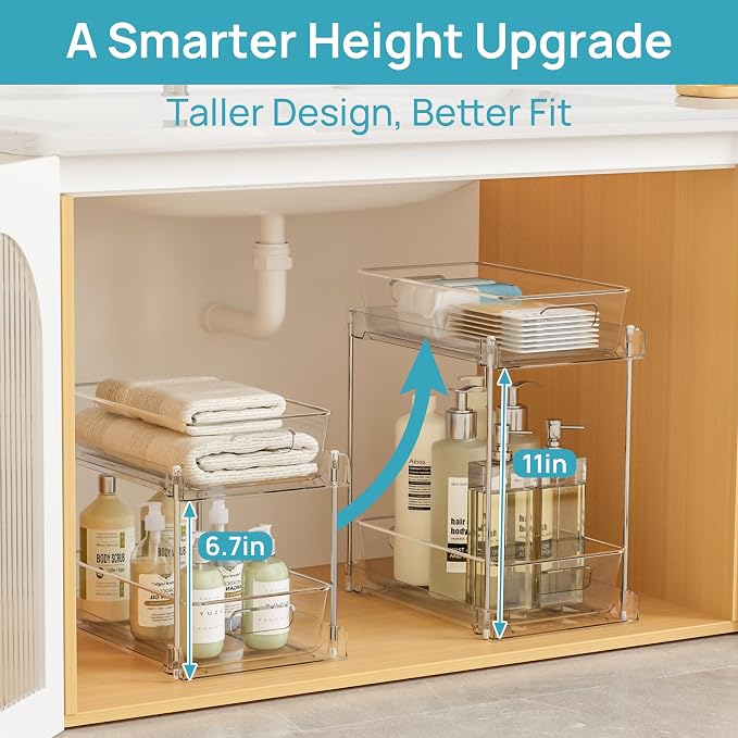 Vtopmart 2 Pack Taller Pull Out Bathroom Under Sink Organizer (S-Higher) | Slide-out drawers, Multi-purpose storage, Clear visibility, Easy Set-up
