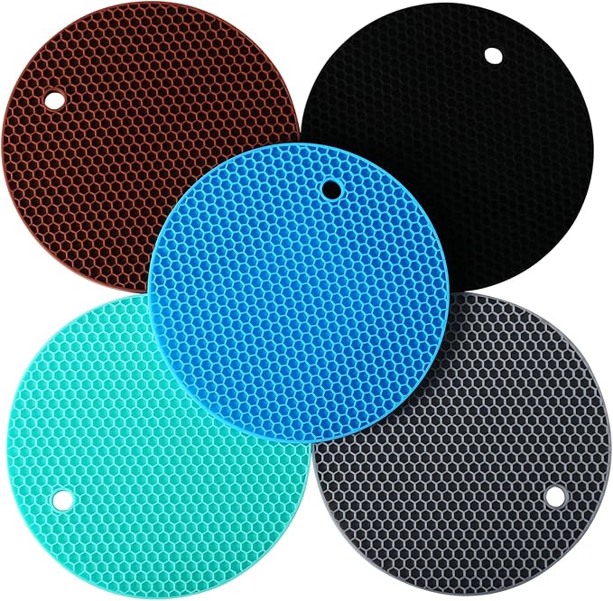 5 Pack Silicone Pot Holder Trivet Mats, Heatproof Trivets for Hot Dishes, Nonslip Insulation Honeycomb Rubber Hot Pads for Countertop, Extra Thick & Flexible Mats Heat Resistant Trivets (Multicolor)