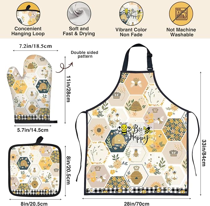 Bee Gifts for Women,8pcs Kitchen Utensils Set with Apron Oven Mitt Pot Holder - Unique Bee Bamboo Wooden Cooking Spoons Set,House Warming,Easter,Birthday,Mother's Day Gift
