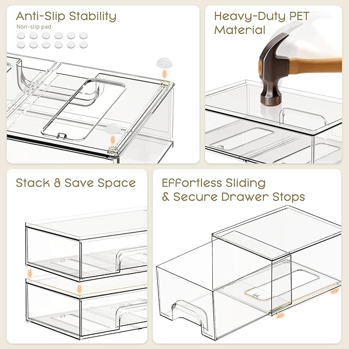 Stackable Storage Drawers, 4 Pack Clear Plastic Makeup & Bathroom Organizer, Versatile Storage Bins for Vanity, Under Sink, Kitchen Cabinets & Pantry