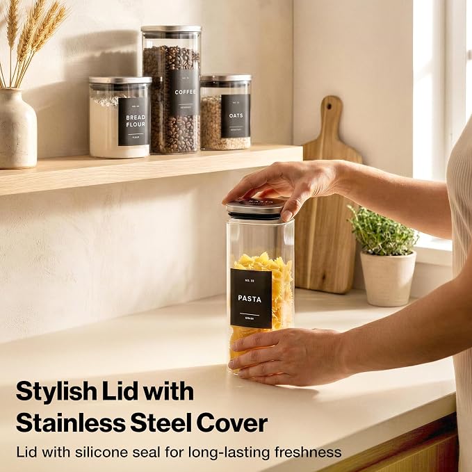 Glass Pantry Storage Jars Containers with Stainless Steel Lids and Labels | 12 Pack Extra Thick Square Glass Canisters with Stainless Steel Lids and Pantry Labels keeps Goods Fresh & Organized