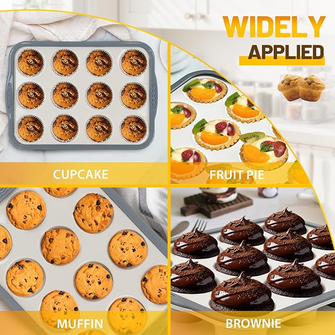 Silicone Muffin Pan, 12 Cups Non-Stick Cupcake Pan, Food-Grade BPA-Free Muffin Tin, Oven-Safe 450 °F, Reinforced Steel Frame, Easy-Grab Handles, Quick-Release 2.3" Baking Molds for Mini Treats
