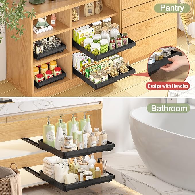 DOMNIU Pull Out Cabinet Organizers Expandable,Black,16.9"Depth,2 Pack | Slide Out Drawers for Kitchen, Bathroom, Pantry, Under Sink Storage, Fixed with Adhesive Nano Film (11.6''-17.5'')