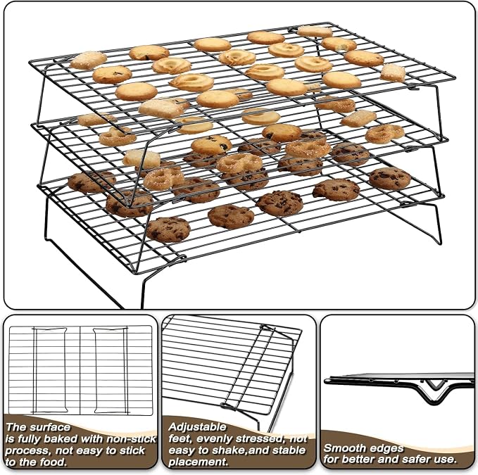 Pleafind Stackable Cooling Rack Set - 3 Pieces 16 x 10 Inch Stainless Steel Roasting Rack, Heavy Duty Cooling Racks for Cooking and Baking, Oven and Dishwasher Safe Bacon Rack, Black