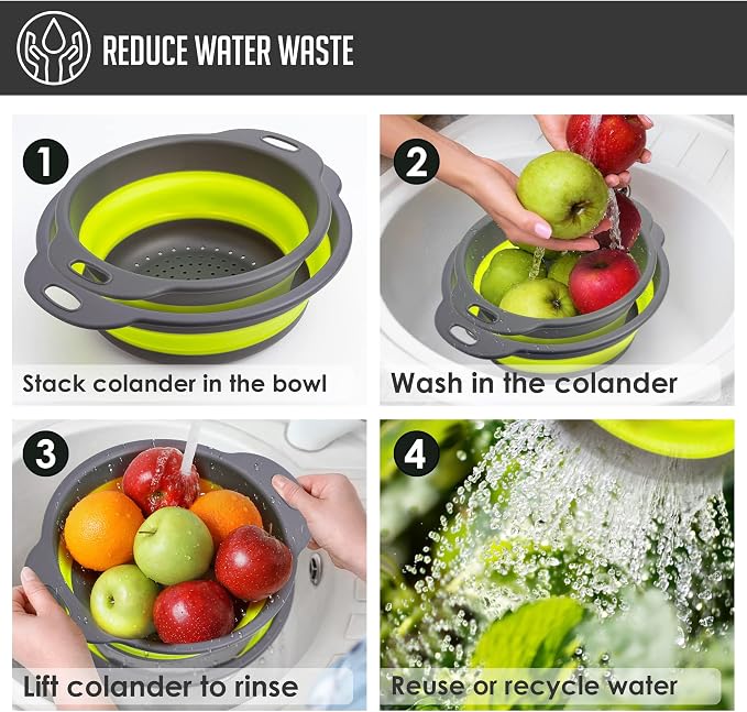 Colanders & Food Strainers with Bowl [Collapsible 3 piece Set Green] Kitchen Essentials for Draining Pasta, Washing Fruits and Vegetables, 7.9'' x 3.3'', 9.4'' x 3.5'', 11.4'' x 3.5'' (A101)