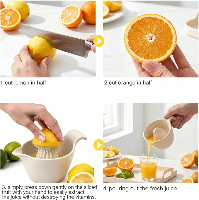 4 inch Ceramic Lemon Squeezer - Manual Citrus Juicer with Handle and Easy Pour Spout for Lemon, Orange, Lime&Grapefruit -Easy to Clean Hand Press Juicer,Microwave & Dishwasher Safe,Lead-Free (Beige)