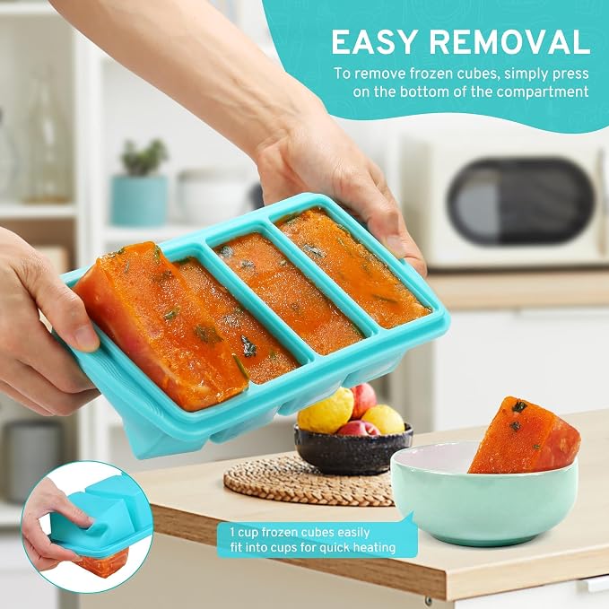 Silicone Freezer Tray with Lid, 1-Cup, 2-Pack (Aqua) | BPA-free, leakproof lid, easy-release, stackable, dishwasher-safe. Great for soups, sauces, leftovers, meal prep, baby food.