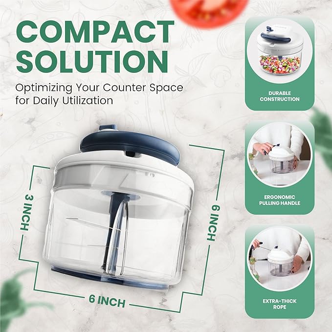 Vivaant Manual Food Processor - 5 Cup (1.2L) Capacity Hand Pull String Garlic Chopper, Manual Food Chopper with Pull Functionality, Pull Chopper and Vegetable Cutter for Effortless Cooking