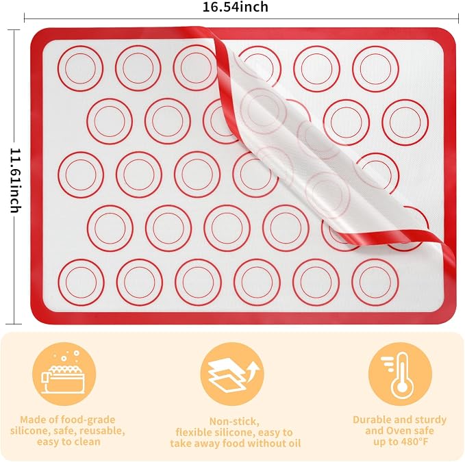 Luckyiren 2 Pack Silicone Macaron Baking Mat, Half Sheet Liners, Red/White | Two 16.54 x 11.62 in silicone macaron baking mats have printed rings for macarons; reusable nonstick half sheet liners.