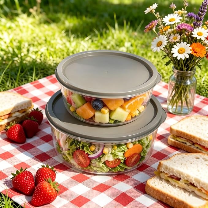 5-Piece Plastic Mixing Bowl Set with Lids for Kitchen, Nesting Kitchen Bowl Set for Mixing Baking, Prepping, Cooking & Food Storage Microwave Safe (Grey)
