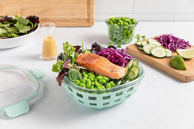 Ello DuraGlass Food Storage Glass Lunch Bowl Container - Meal Prep Container with Silicone Sleeve and Airtight Lid, 5 Cup, Teal | Leakproof glass meal prep salad bowl. BPA-free lid, silicone sleeves, great for meal prepping, food storage, and leftovers.