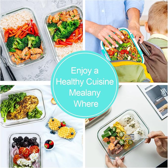 VERONES 10 PACK 22 OZ Glass Meal Prep Containers Set with Lids, Green | Airtight Glass Lunch Containers Set, Glass Food Storage Containers, for Microwave, Oven, Freezer & Dishwasher Friendly