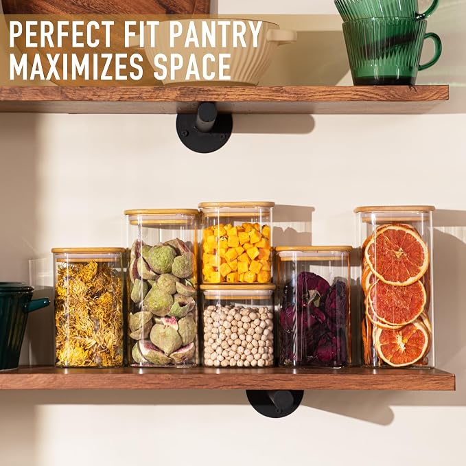 D2scrma Airtight Glass Square Storage Containers with Bamboo Lid Set of 6 (650ml*2/1100ml*2/1500ml*2) Stackable Jars, Kitchen Canister for Pantry Cereal, Nuts, Snacks and Coffee beans