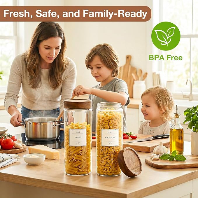 CONNOO 2-Pack 50oz Glass Storage Containers with Wood Lids | Pantry Organizers with Wooden Lids, Store Short Pasta, Flour & Dry Foods, Includes 120 Waterproof Labels for a Neat Kitchen