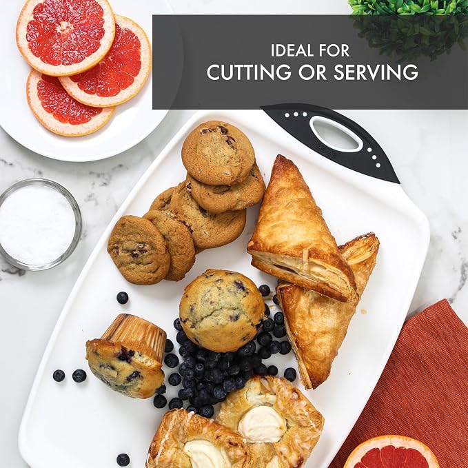Dexas Chop & Serve Cutting Board, 12.5 x 20 Inch, Large Kitchen Prep and Serving Board with Handles, BPA-Free Dishwasher Safe, White and Black