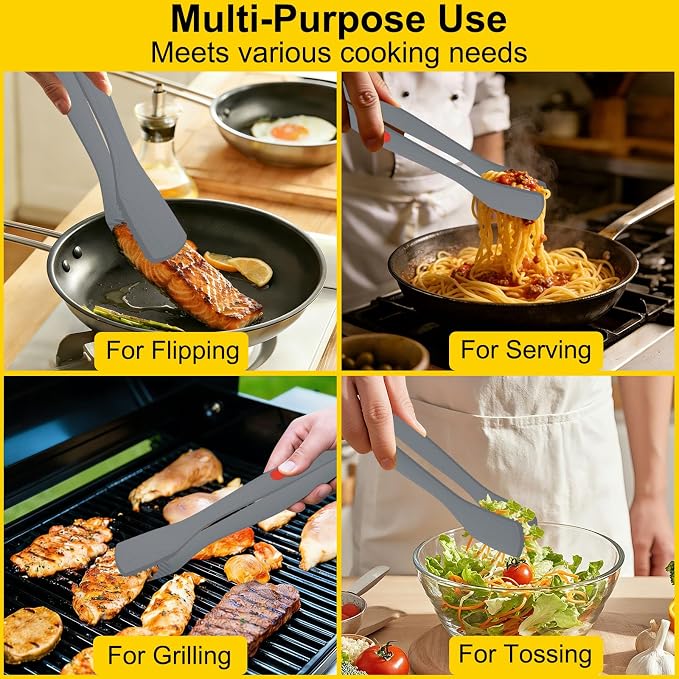 Beijiyi Kitchen Tongs for Cooking, 9" & 12" Set, Silicone Cooking Tongs with Silicone Tip for Nonstick Cookware, 600°F Heat Resistant, Stainless Steel Core, Great for Grilling and Serving Food (Gray)