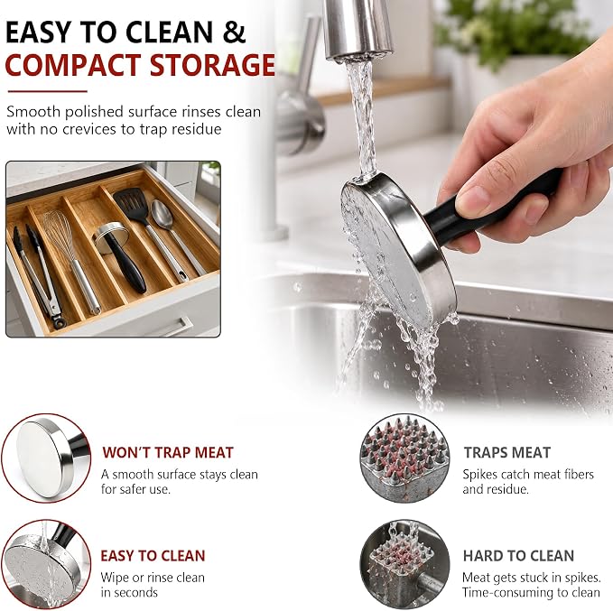 Meat Pounder Tenderizer, Solid Stainless Steel Meat Flattener & Smash Burger Press, Heavy-Duty Round Base Flattens Chicken, Steak, Pork Chops, and Smash Burgers with Less Effort