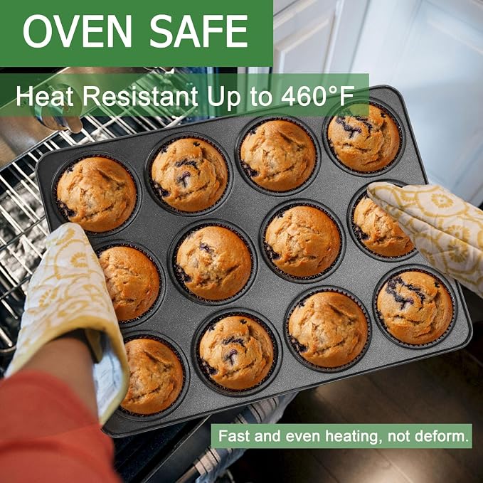 Herogo 12-Cup Nonstick Muffin Pan Tin for Baking, Metal Nonstick Cupcake Tray Set for Making Egg Muffin Quiches, Mini Brownie, Easy to Clean & Quick Release, Oven & Dishwasher Safe, Black