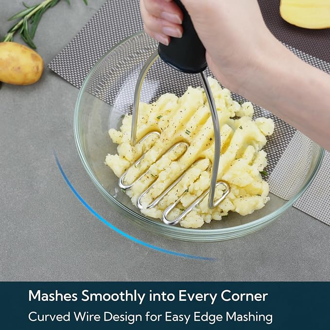 KITCHENDAO 304 Stainless Steel Potato Masher, Heavy Duty Kitchen Tool with Soft-Touch Comfort Grip Handle, Dishwasher Safe & Easy-Store Hanging Loop