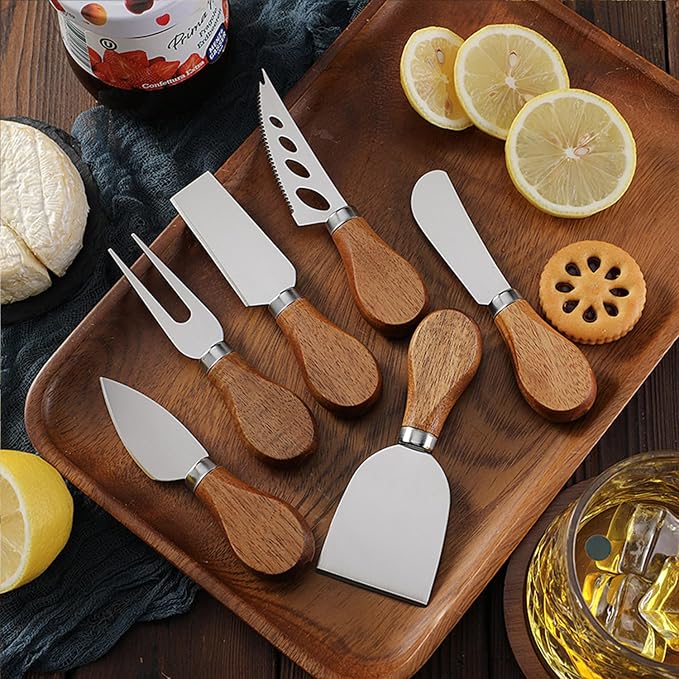 6 Pieces Cheese Knife Set,Cheese Knives Cheese Slicer Cheese Cutter Cheese Fork,Cheese Spreading Knife,Wood Handle Stainless Steel Slicer for Charcuterie Boards Cutlery Gift Set