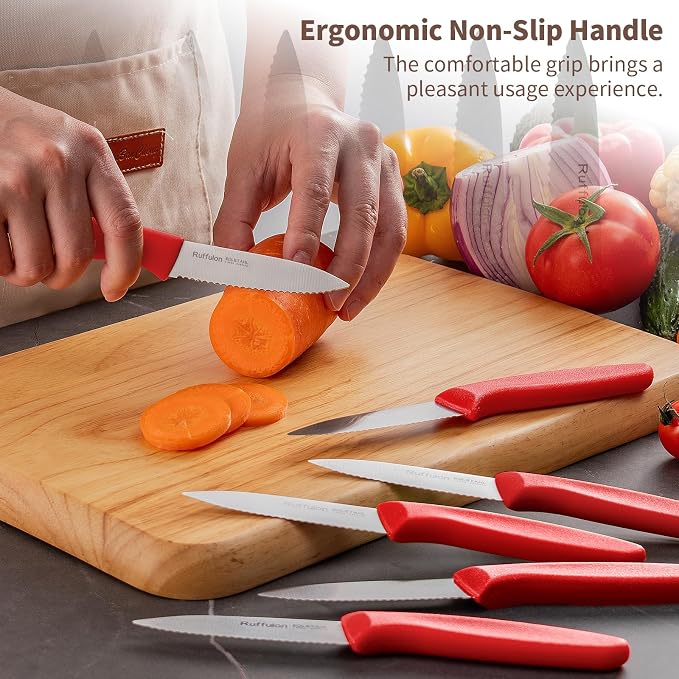 Stainless Steel Paring Knife With Serrated Blade, 6 Pieces Set Vegetable and Fruit Knife, Ultra Sharp Small Kitchen Knife, Red Paring Knives with PP Plastic Ergonomic Handle.